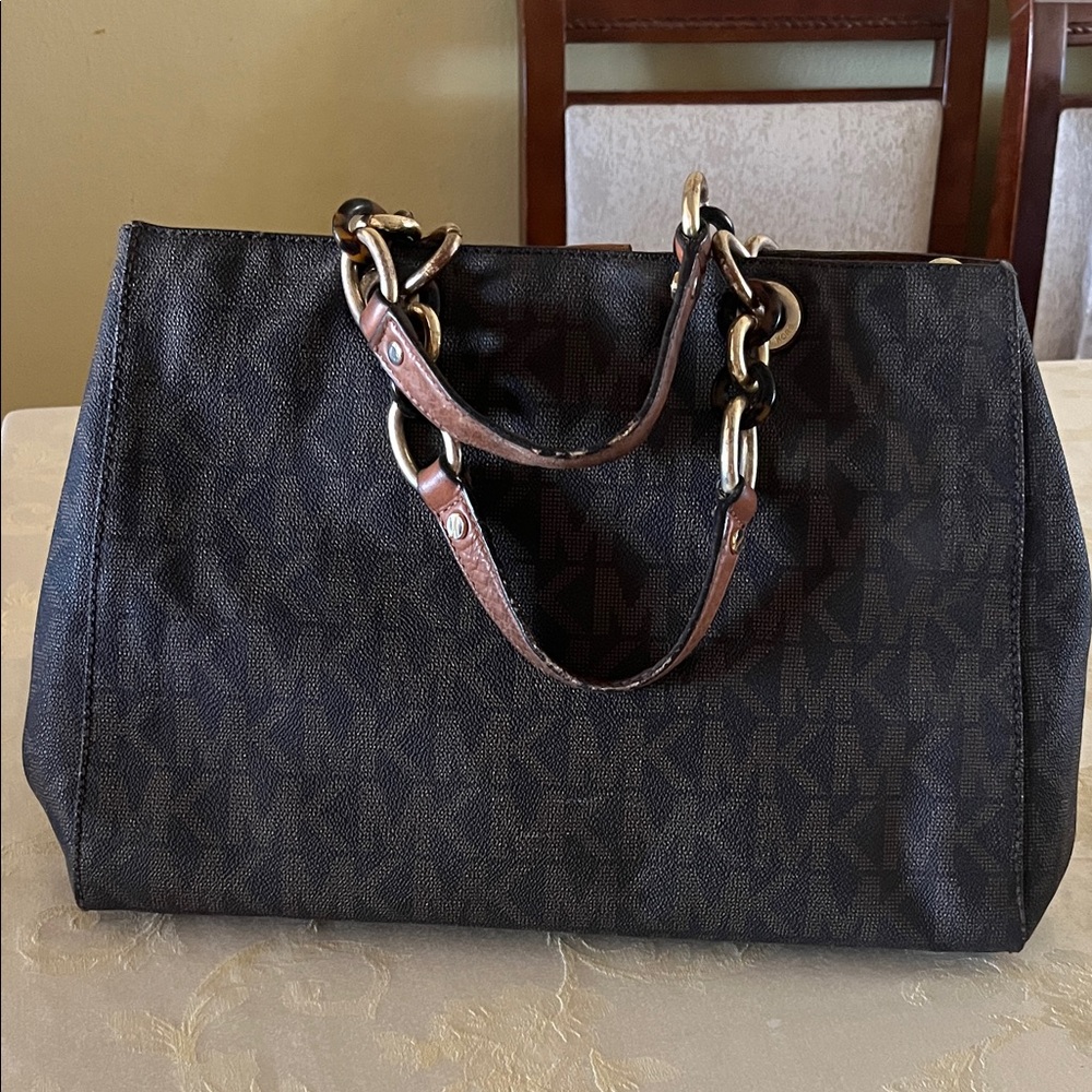 Michael Kors Black and Brown Logo Chain-Handle Tote